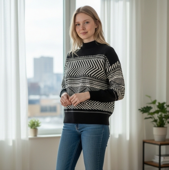 CYRUS Black & White Geometric Knit Mock Neck Sweater | Petite Small - Picture 14 of 14